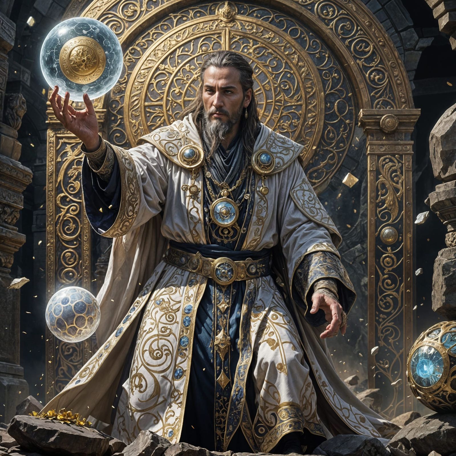 Magician Lifting Rock with Earth Magic in Dark Fantasy