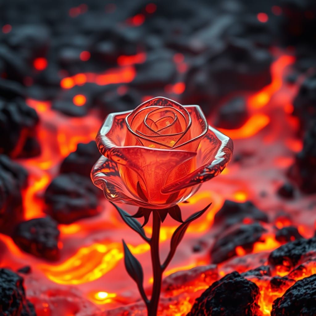 Glass Rose Blooms in Fiery Volcanic Landscape