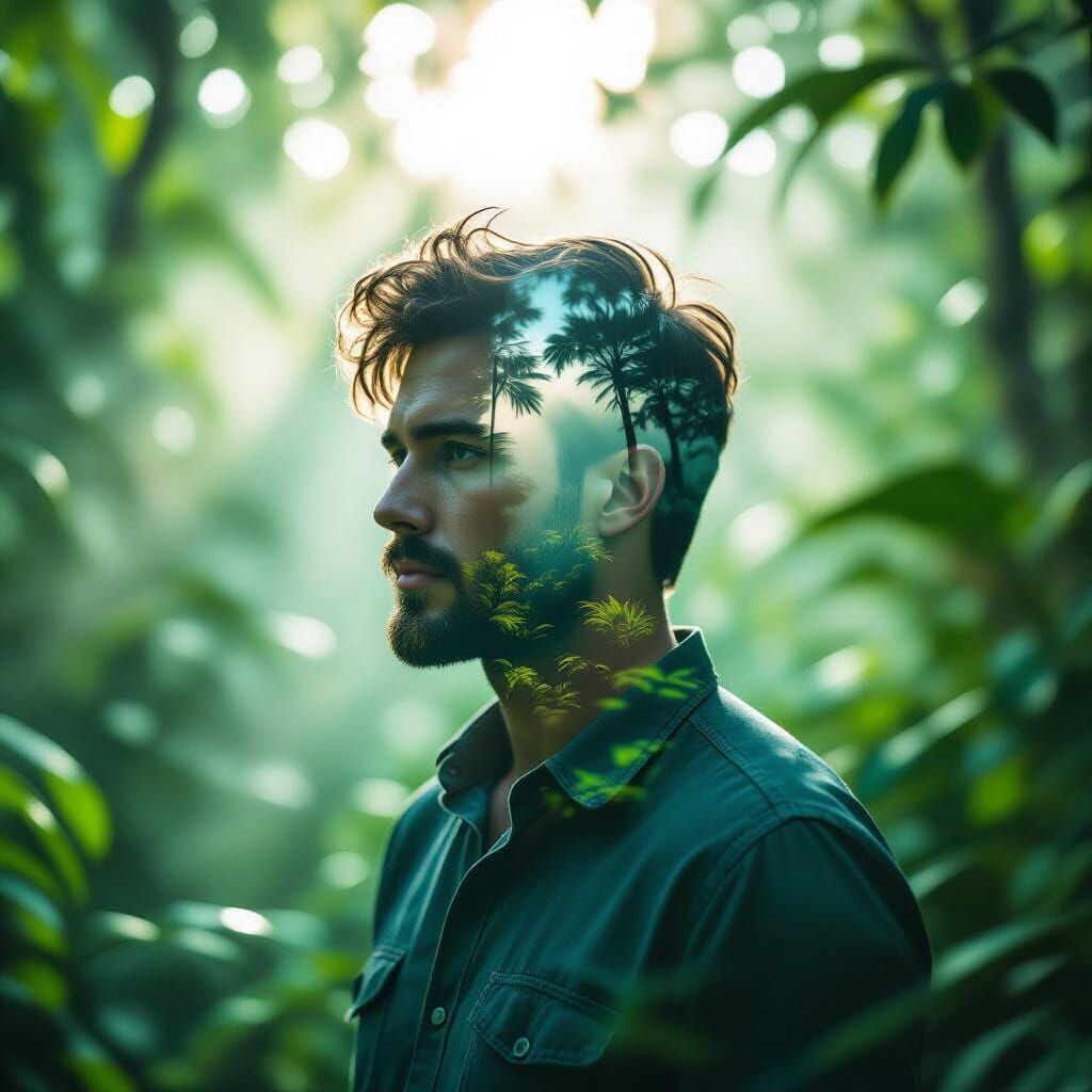 George Double Exposure Portrait Merged with Misty Jungle