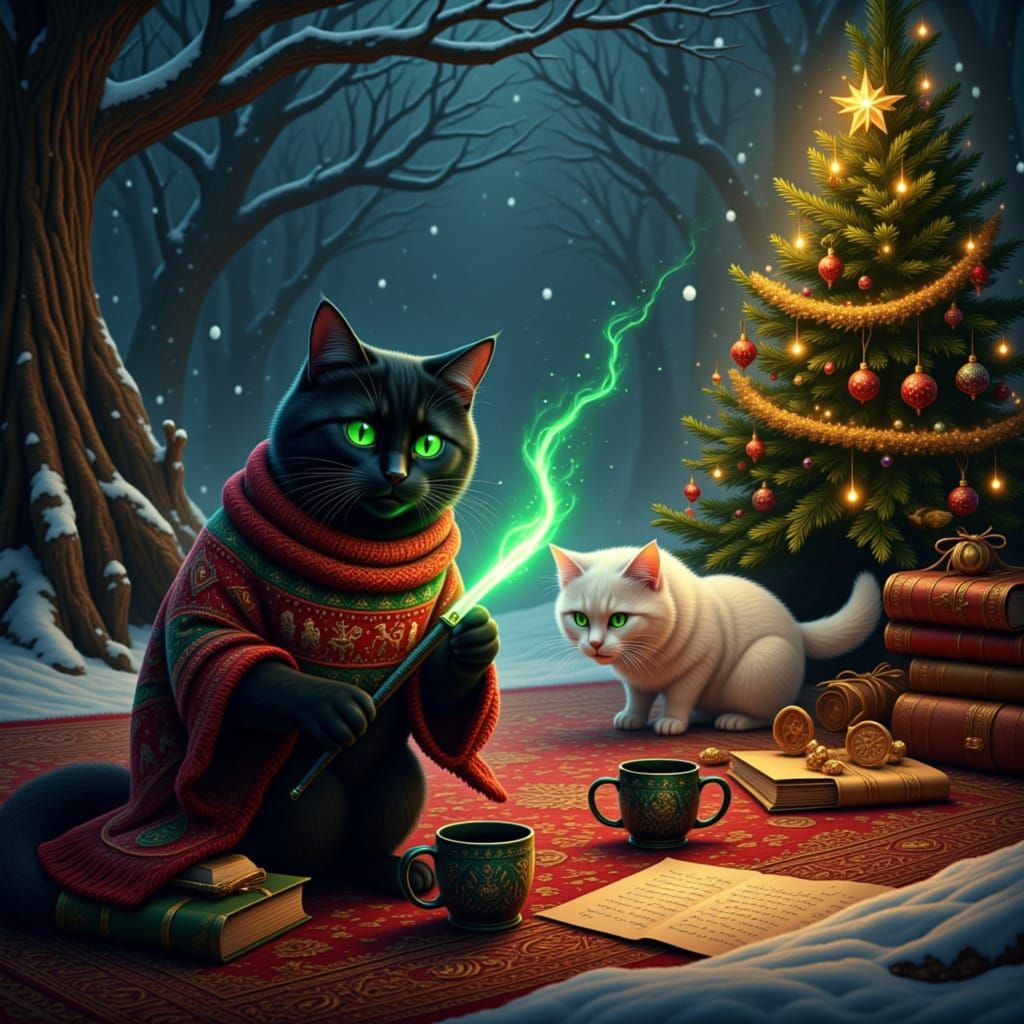 Cats in Snowy Forest with Christmas Magic