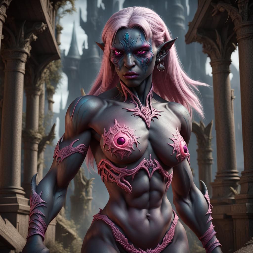 Detailed Drow Warrior with Pink Eyes