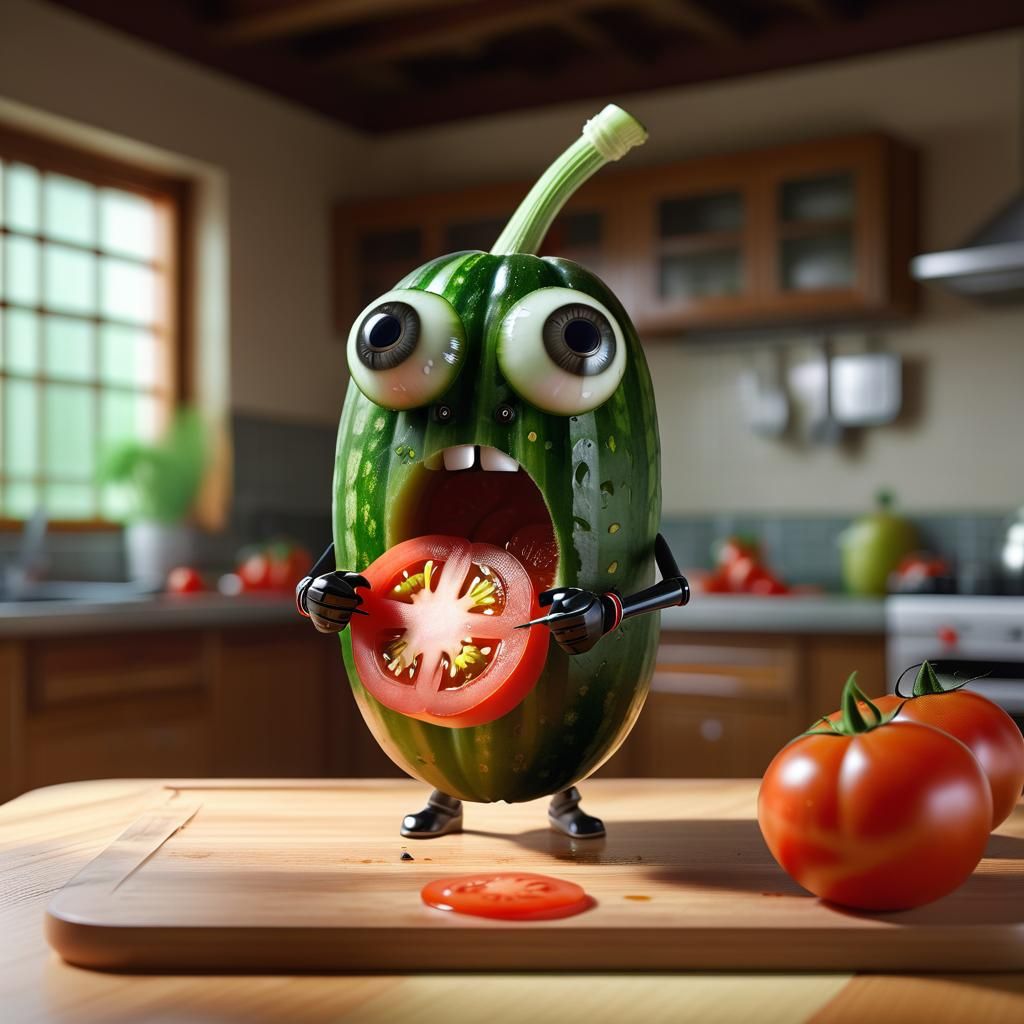 Cucumber Samurai Cuts Tomato in Surreal Scene