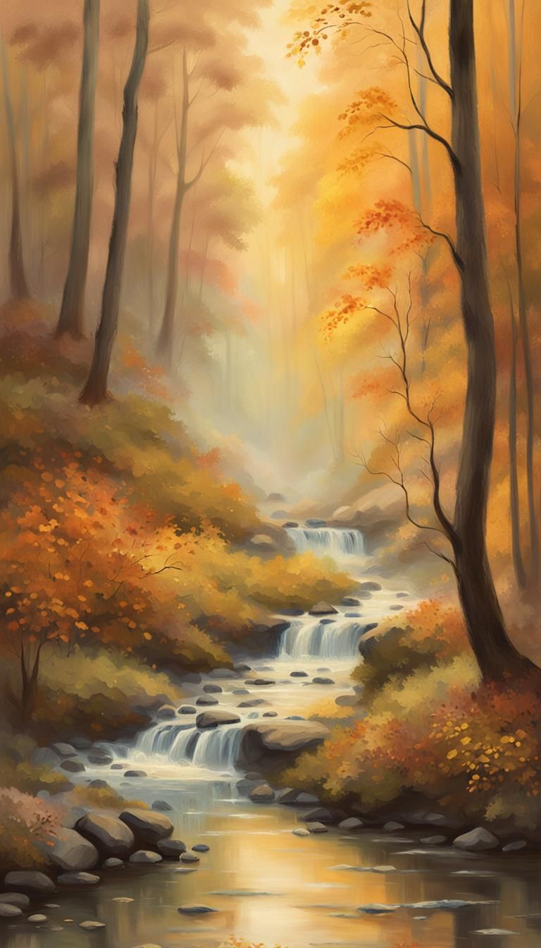 Autumn Waterfall Landscape Painting in Impressionist Style