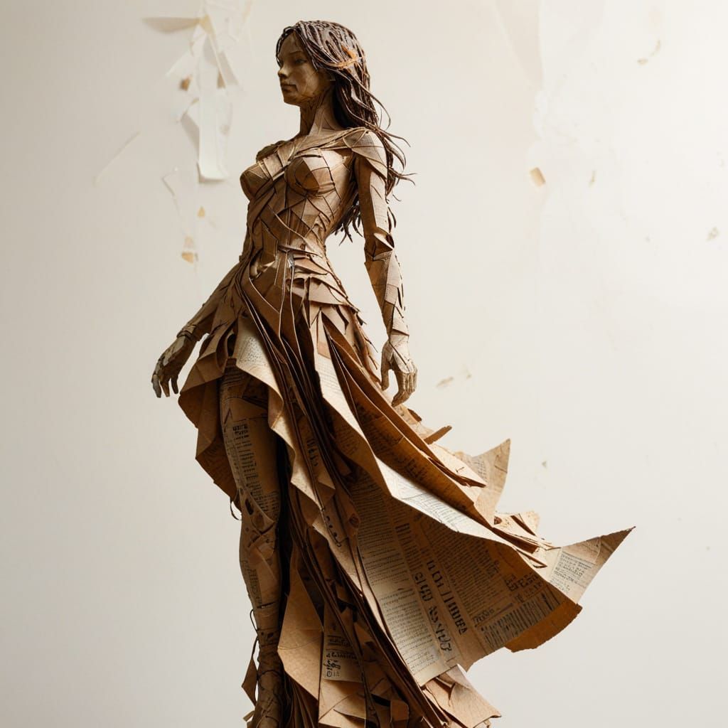 Earthy Newspaper Woman Sculpture: Mixed Media Art