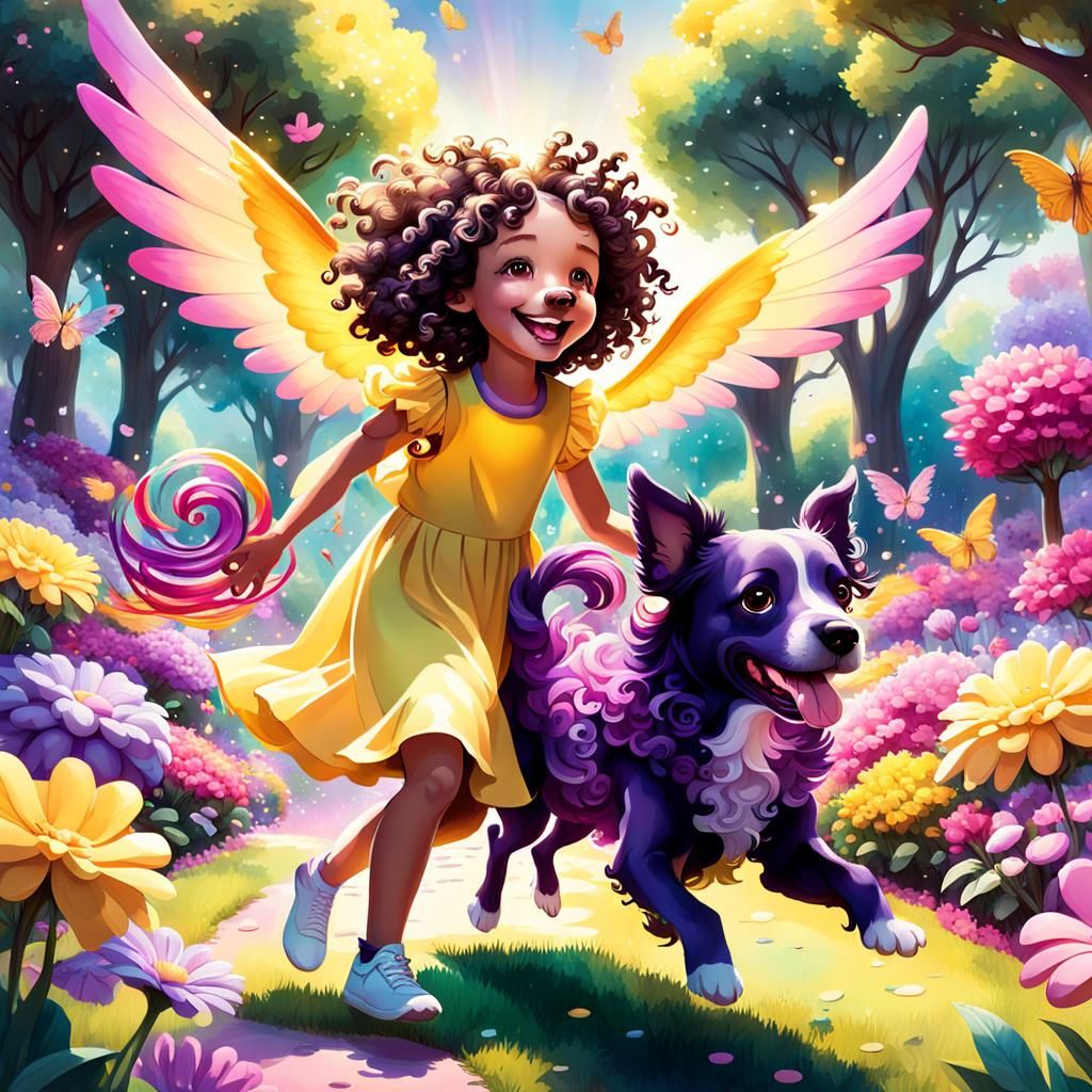 Girl and Winged Dog in Fantastical Garden, Digital Art