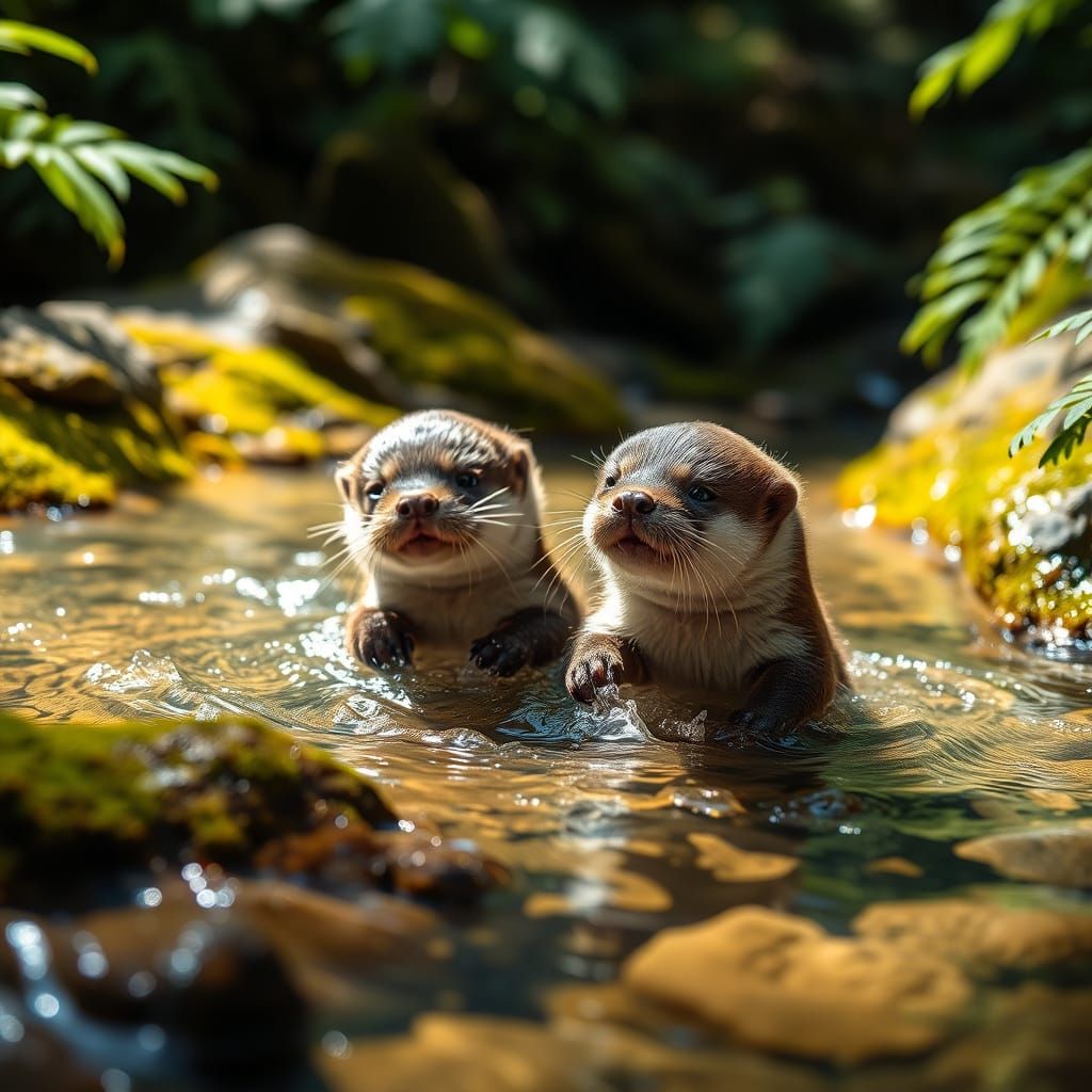 Playful Otter Pups Frolic in Mountain Stream