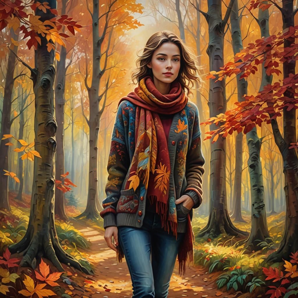 Woman Strolling Through Autumn Forest: Impressionist Oil Pai...
