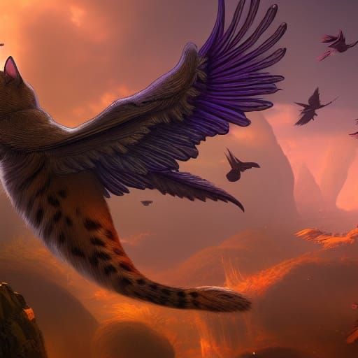 Winged Cat Flight: Detailed Fantasy Art