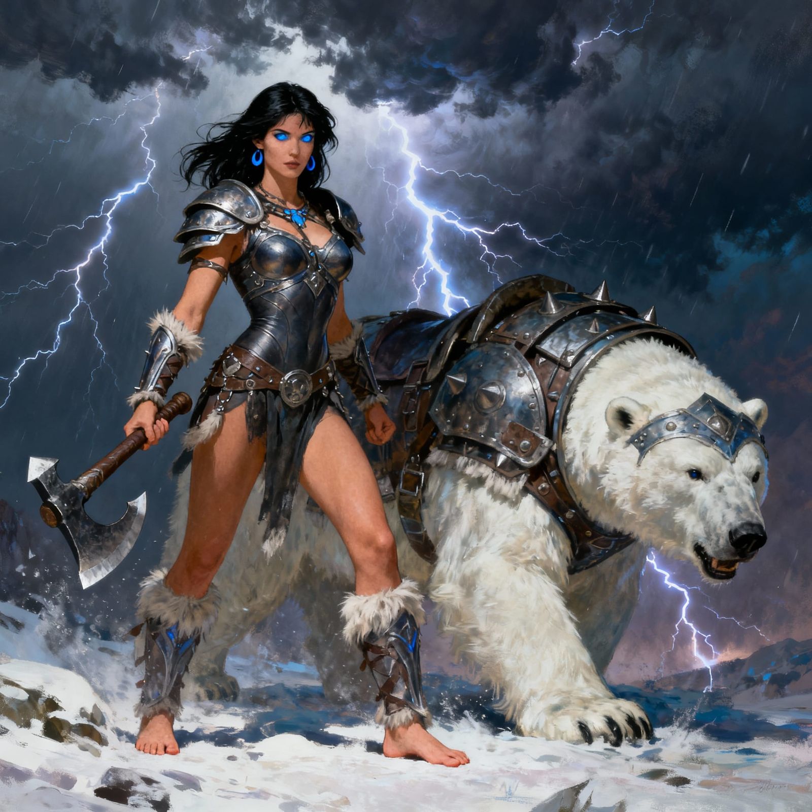 Female Barbarian Warrior Fights Under Storm With Polar Bear