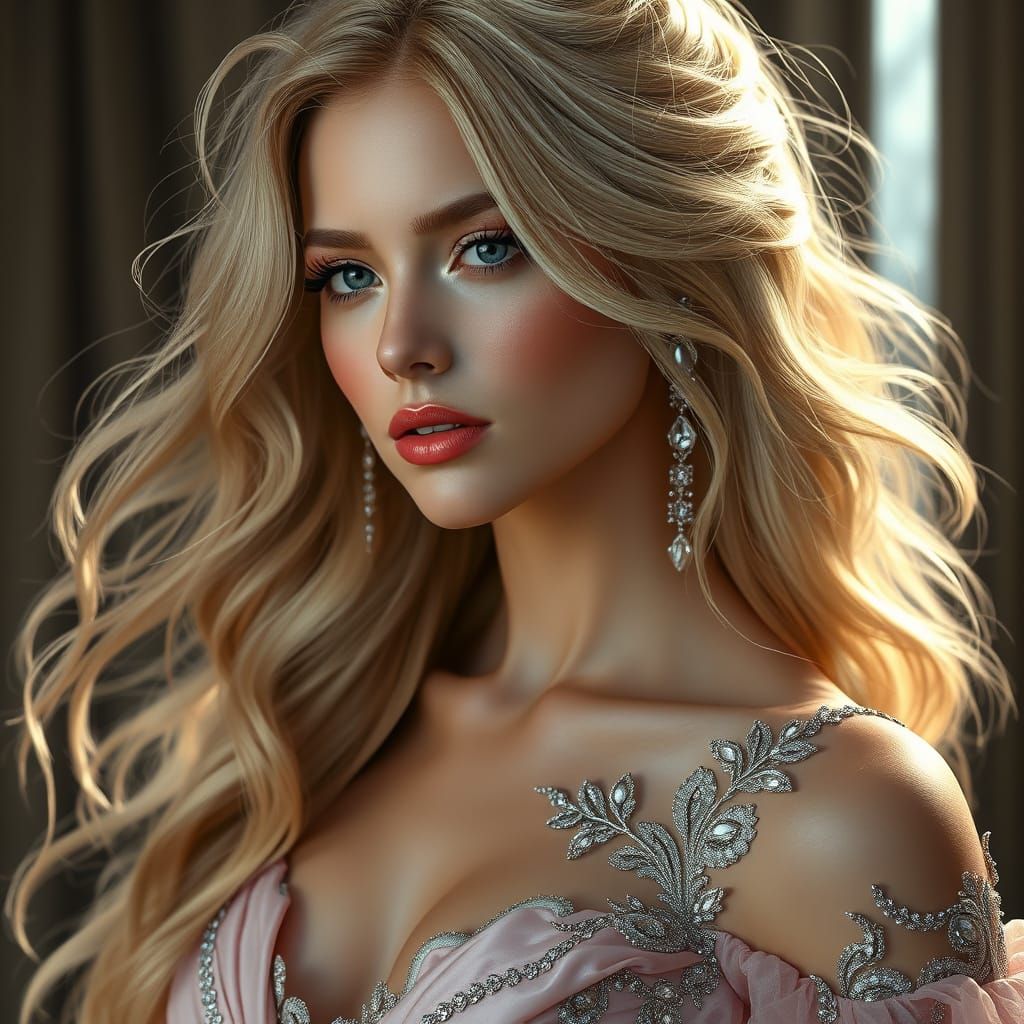 A luminous woman with cascading blonde hair She wears a luxu...