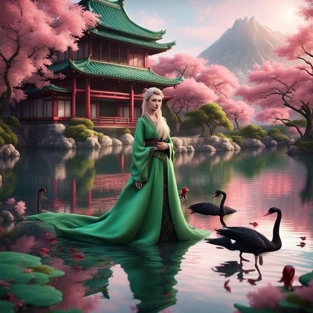 Princess at Japanese Palace with Black Swans