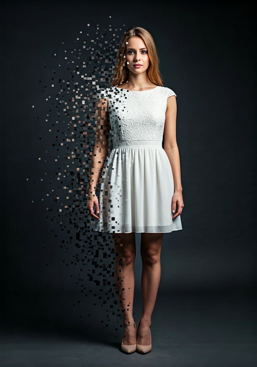 Woman Dissolving into Pixels in Digital Art