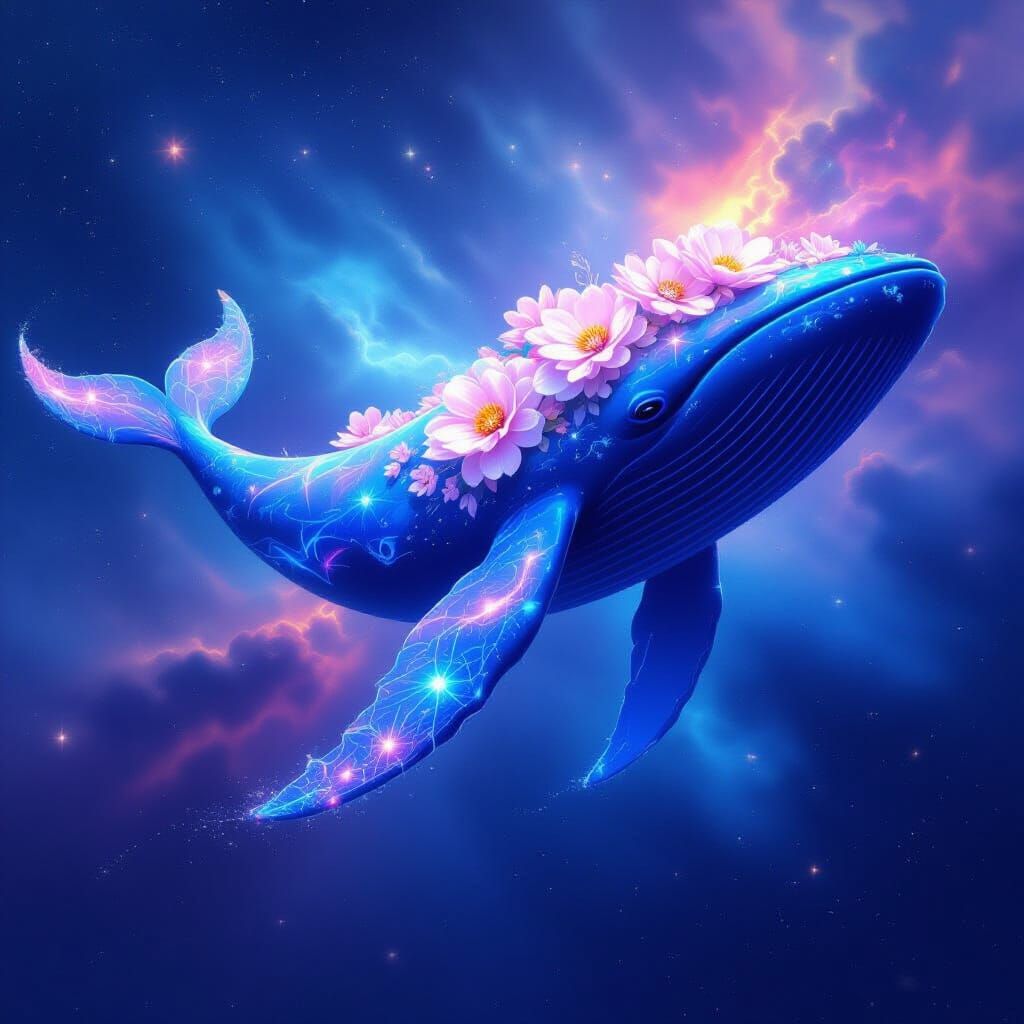 Cosmic Whale in Nebula with Bioluminescent Patterns