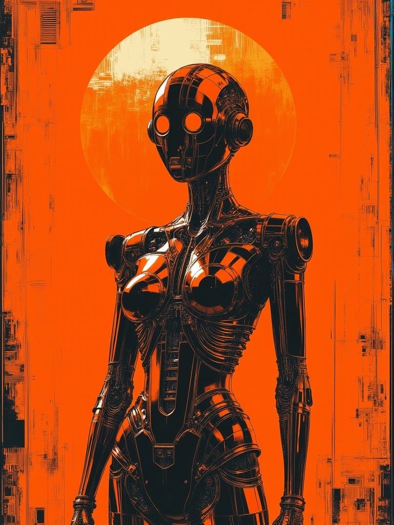 Retro Futuristic Robot Album Art with Glitch Effects