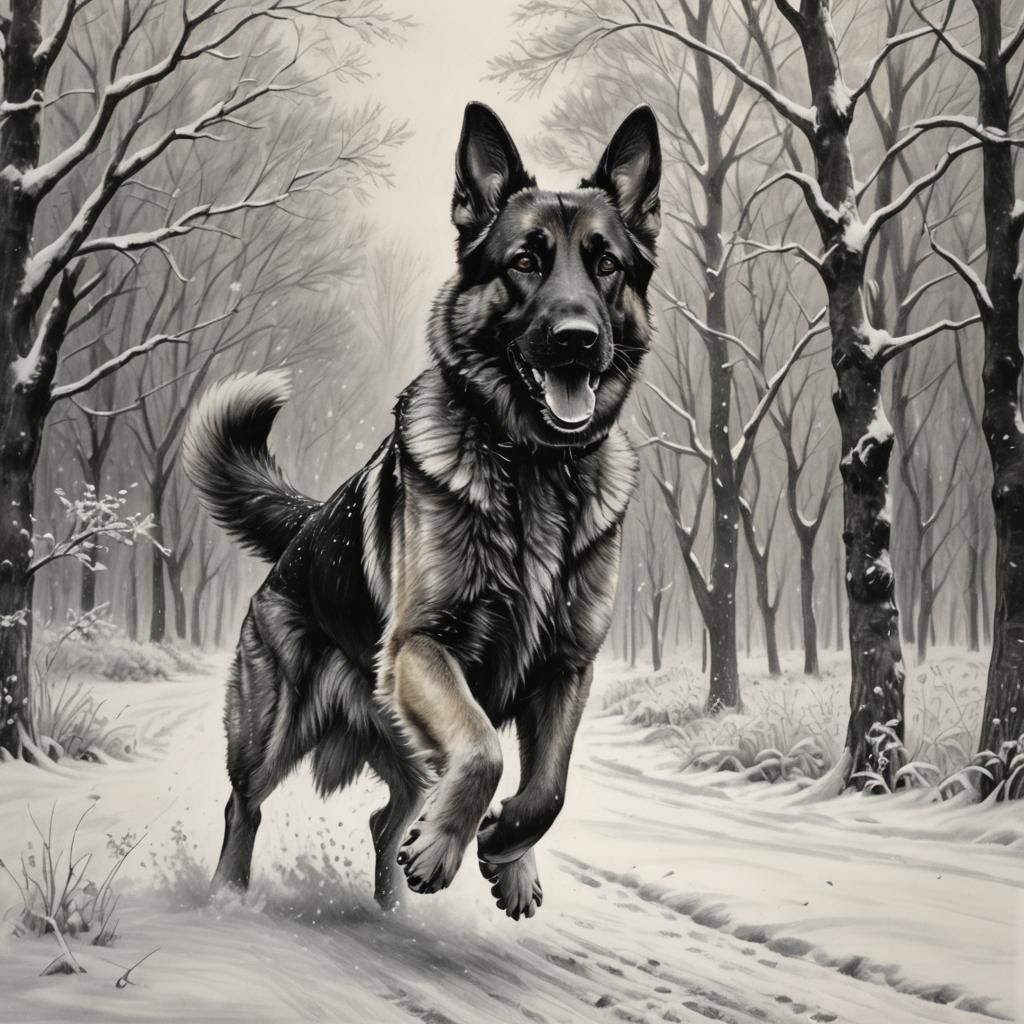 German Shepherd in Winter: Charcoal Drawing