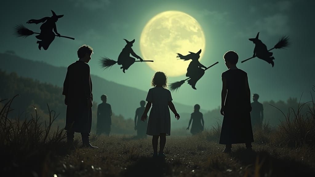 Frightened Children Surrounded by Halloween Witches