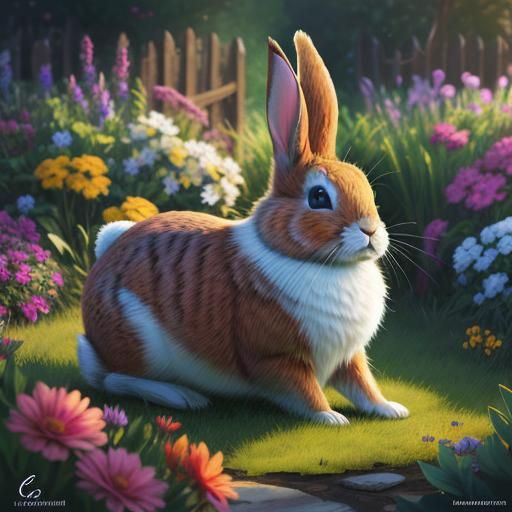 Hyperrealistic Rabbit in Colorful Garden