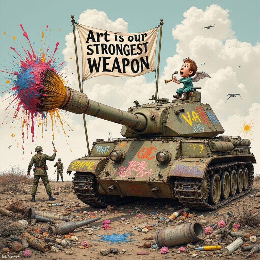 Satirical Surrealism: Chaos and Color in a War-Torn Landscap...