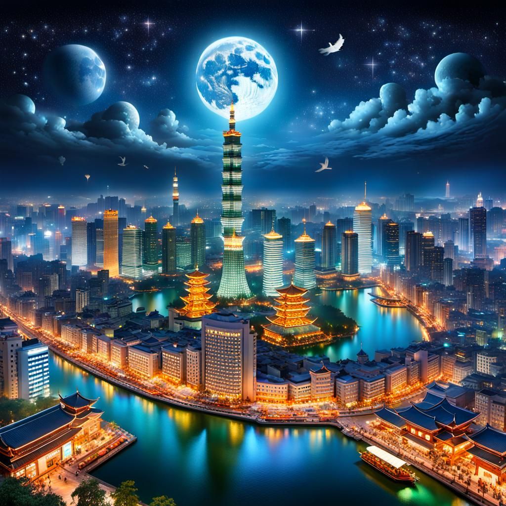 Vibrant Oriental Nighttime Cityscape Under Starry Sky