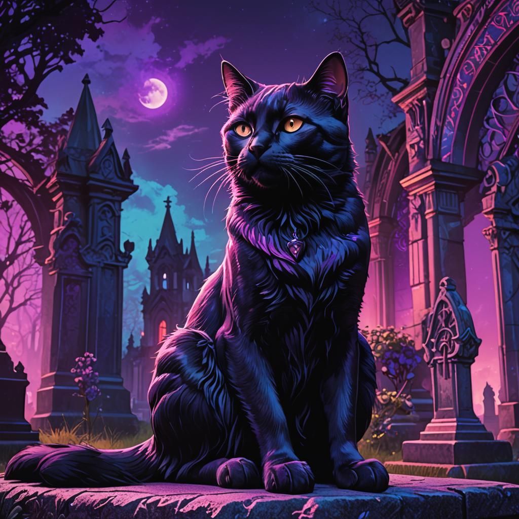 Gothic Synthwave Black Cat in Art Nouveau Cemetery
