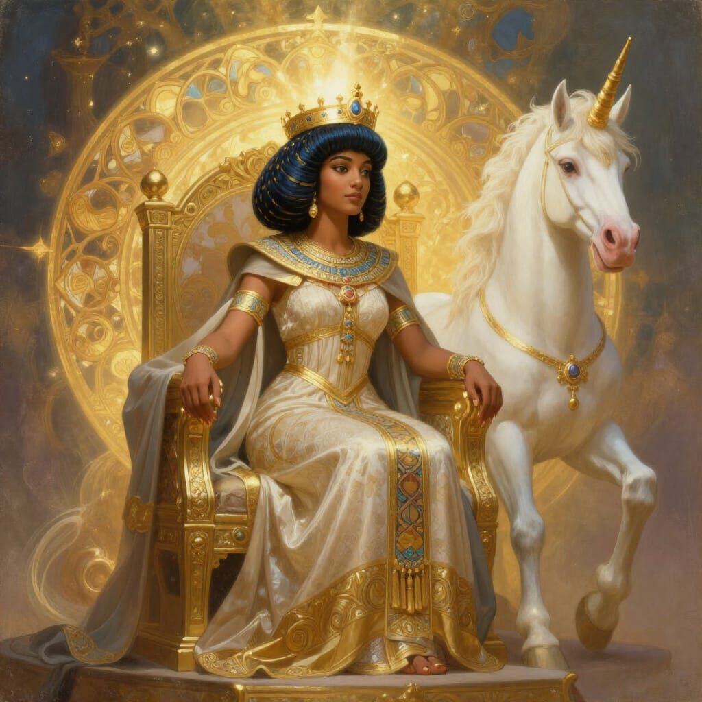 Queen of Sheba on Throne with Unicorn in Golden Light