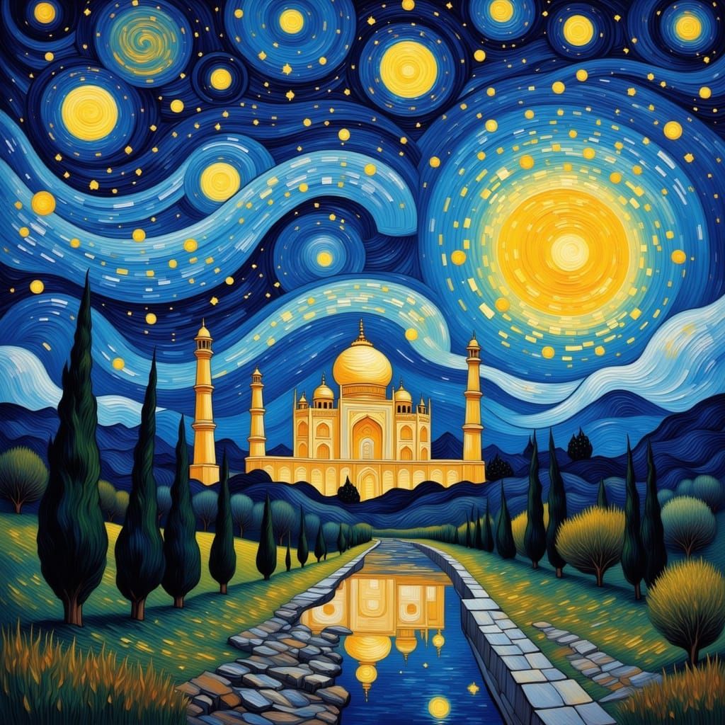 Taj Mahal Painting under Swirling Starry Night