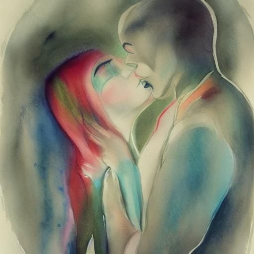 Surreal Watercolor of a Forbidden Kiss