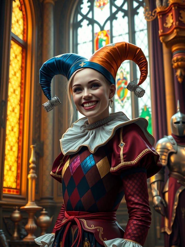 Medieval Jester Entertains Royal Court in Vibrant, Gilded Op...