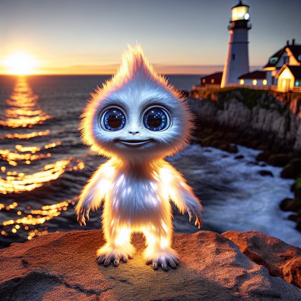 Whimsical Lighthouse Creature at Sunset