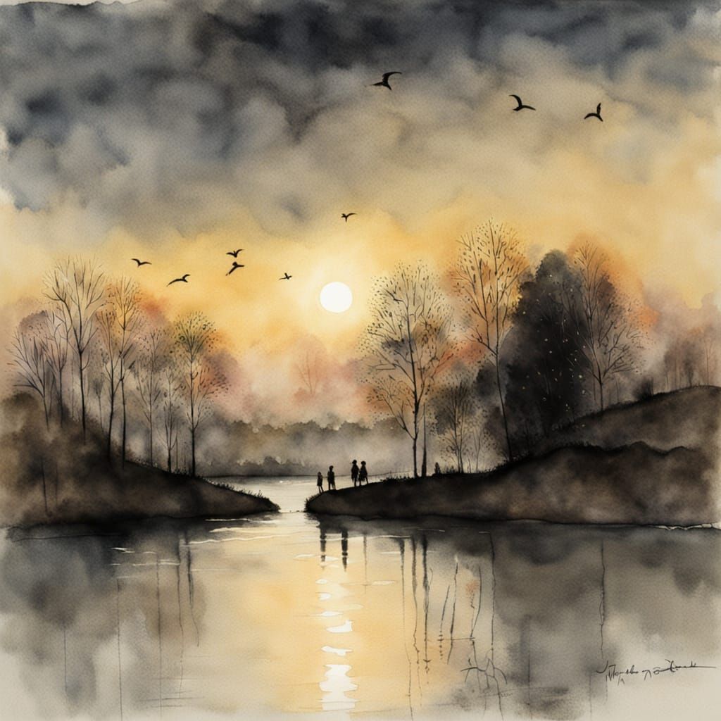 Misty Twilight River Scene in Watercolor
