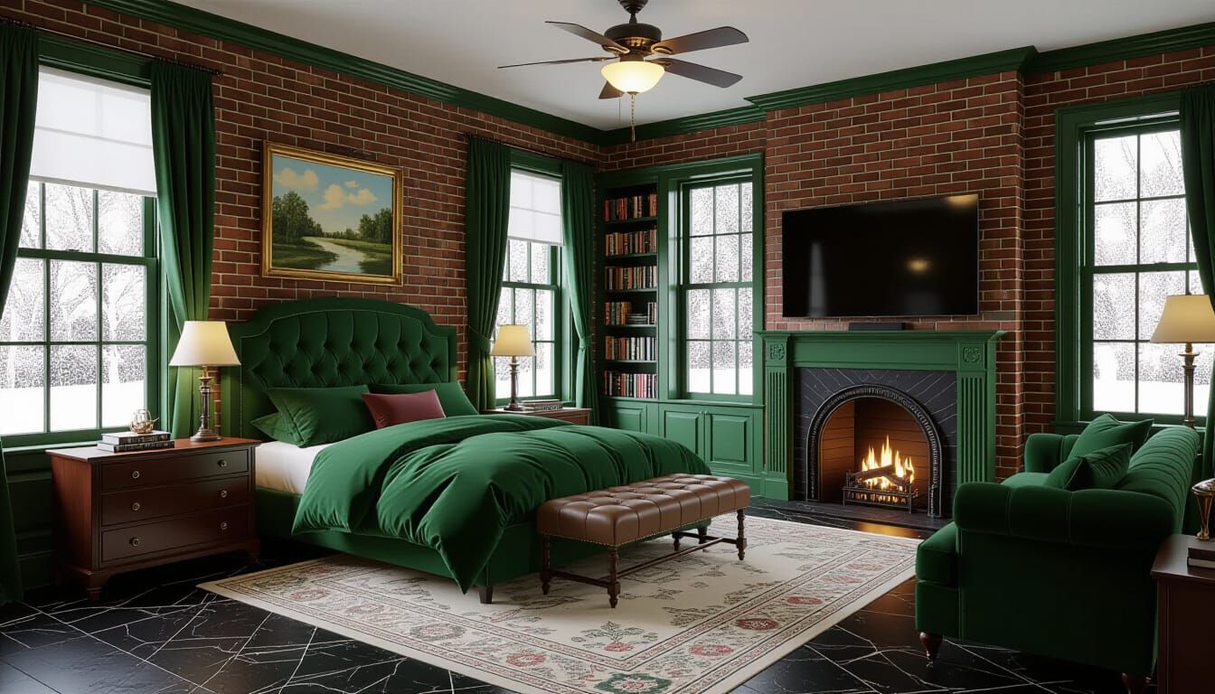 Victorian Dark Green Bedroom with Snowy Views