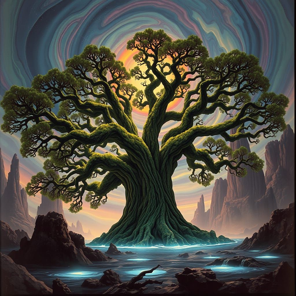 Alien Planet Tree with Bioluminescent Moss