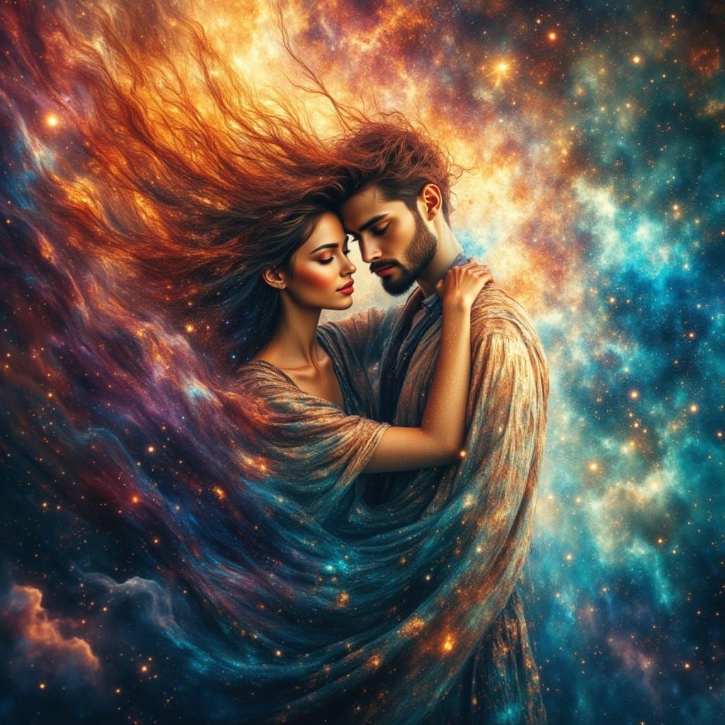 Ethereal Cosmic Connection Between Embracing Couple