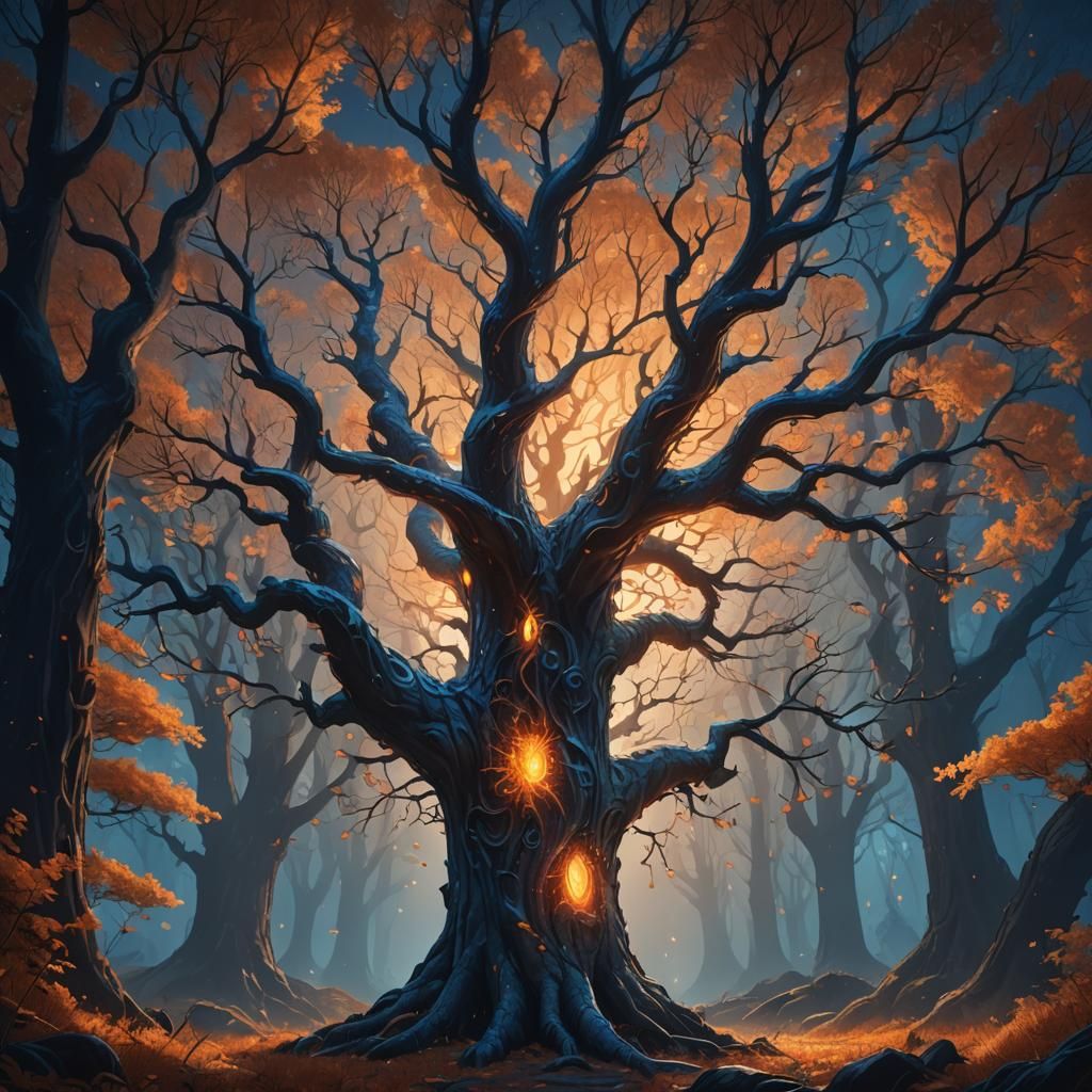 Mystical Autumn Tree with Celestial Patterns