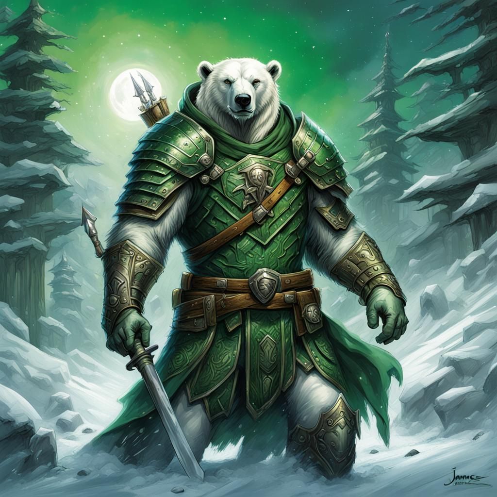 Polar Bear Warrior in Green Armor: Comic Book Art
