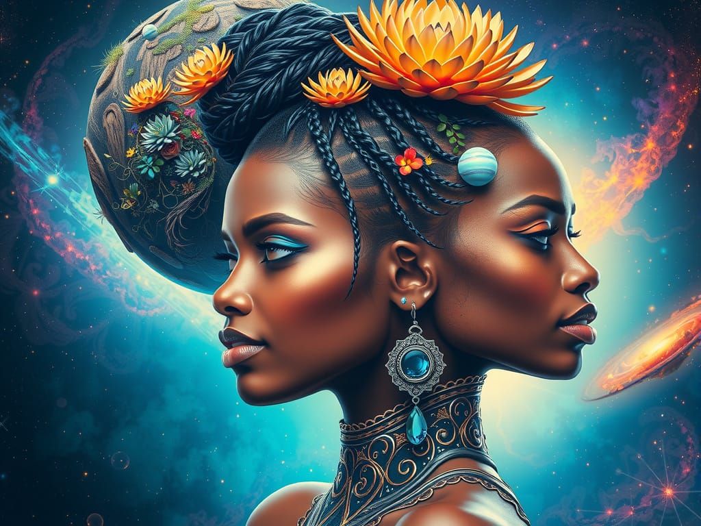 African American Woman with Biomechanical Adornments in Cosm...