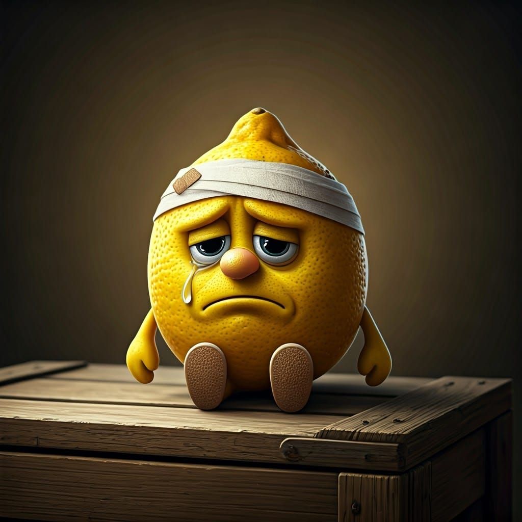 Sad Lemon Character Illustration in Nostalgic Style