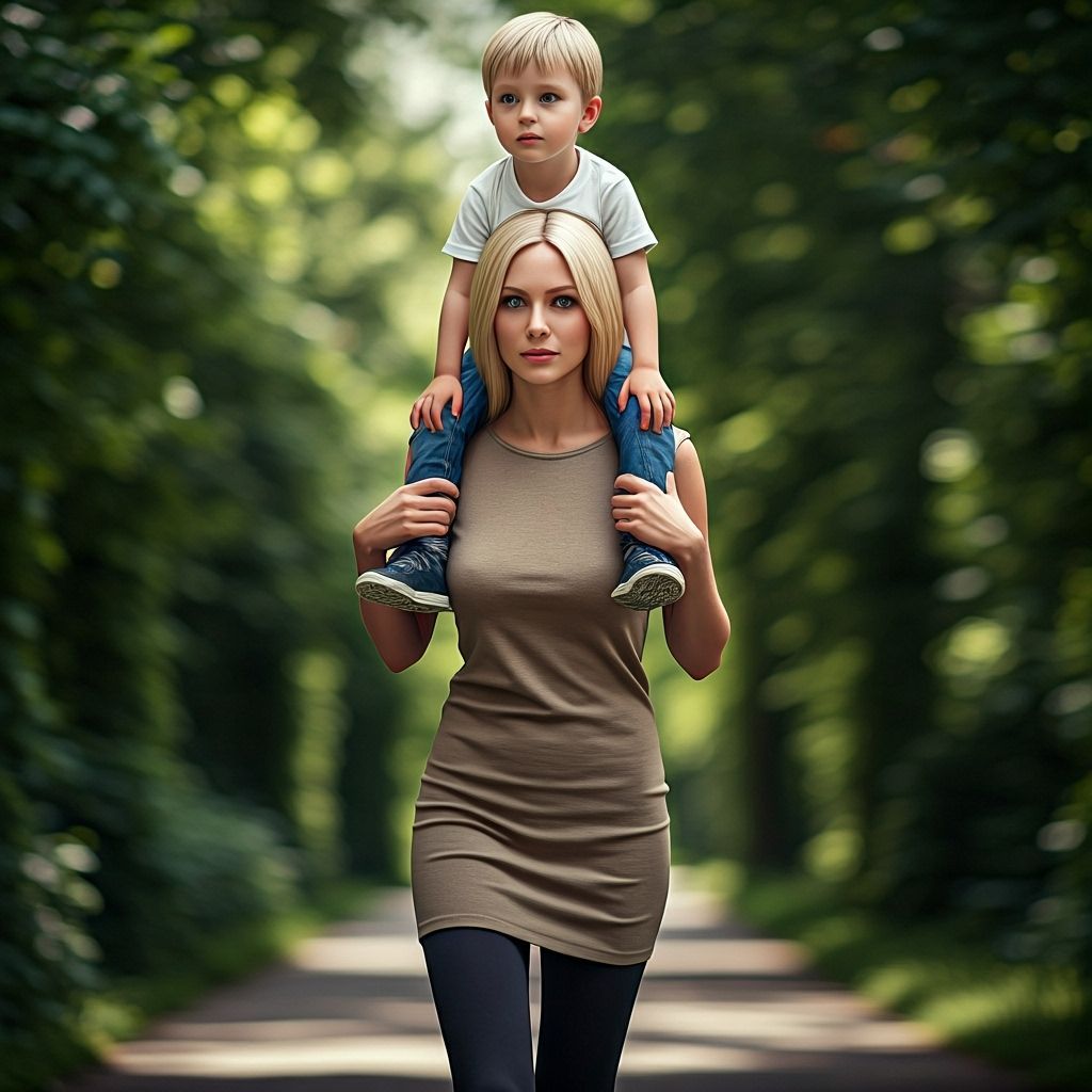 Realistic Photo: Woman Carries Boy on Shoulders in Sunlit Fo...