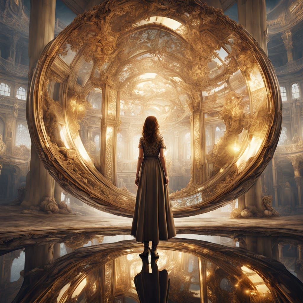 Princess in Mirrored Drop, Hyperrealistic Oil Painting