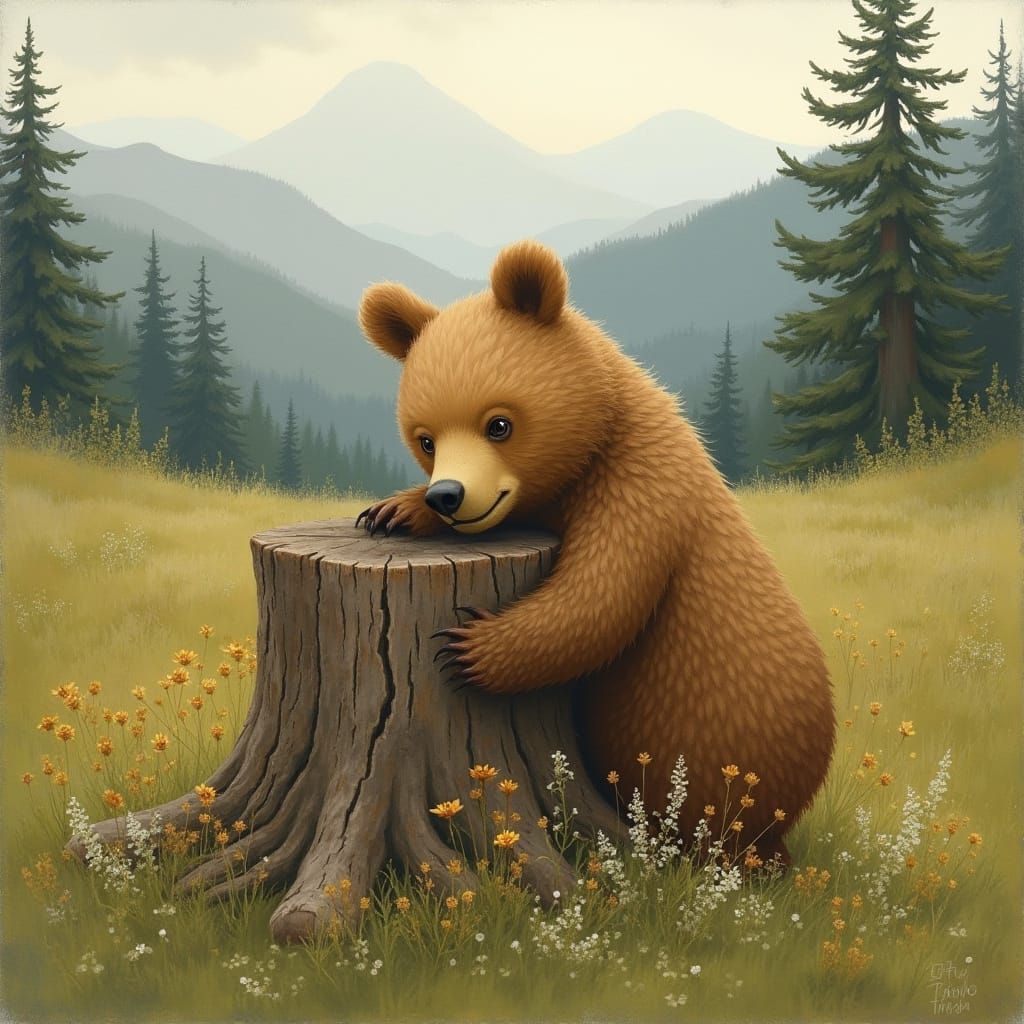 Bear Hugging Tree Stump in Earthy Meadow