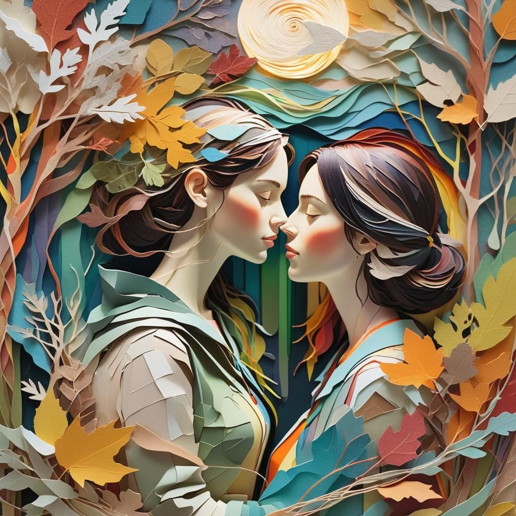 Seasonal Paper Collage Art with Weaving Woman