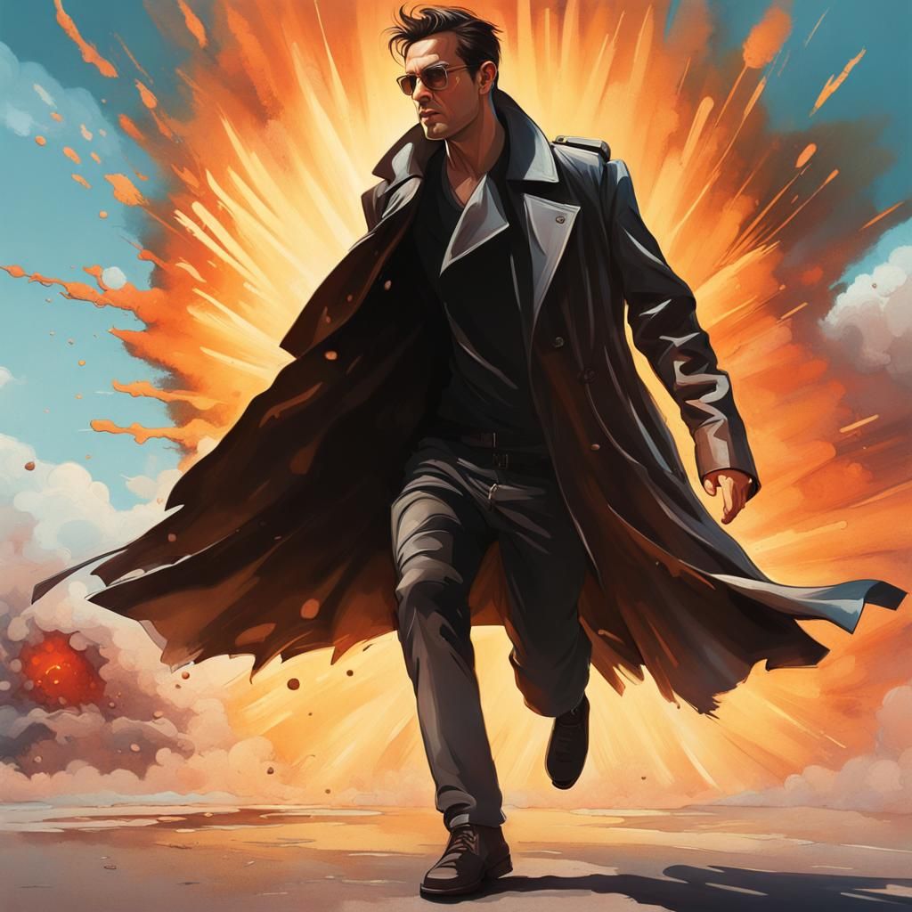 Man in Trench Coat Walking Away From Explosion