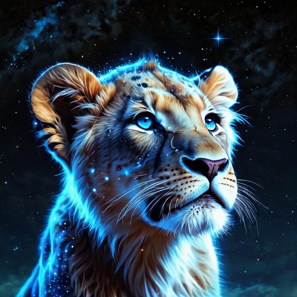 Lion Cub Stargazing: A Hyperreal Celestial Vision