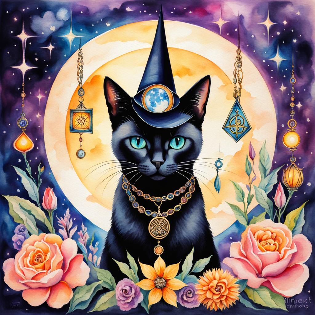 Mystical Siamese Cat with Witch Hat in Watercolor