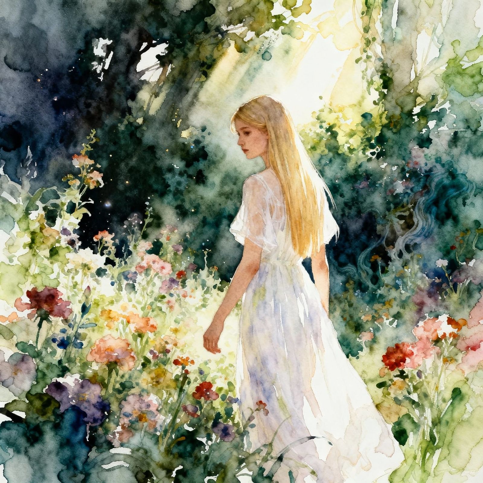 Woman in Ethereal Dress Wandering Lush Garden in Alcohol Ink...