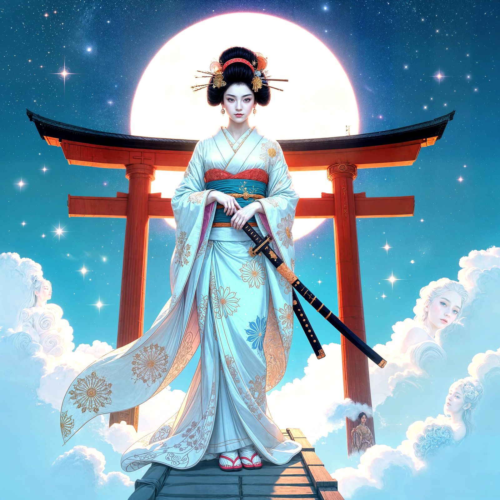 Celestial Geisha on Floating Gate, Art Nouveau Style
