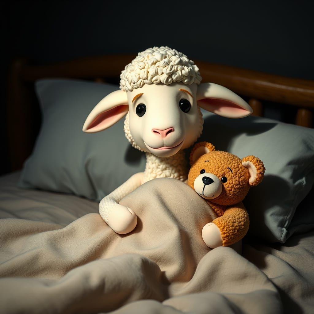 Claymation Lamb in Bed at Night