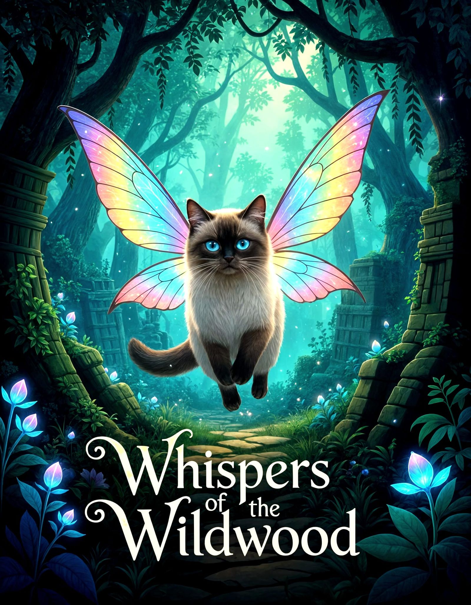 Siamese Cat with Fairy Wings Soaring Through Forest