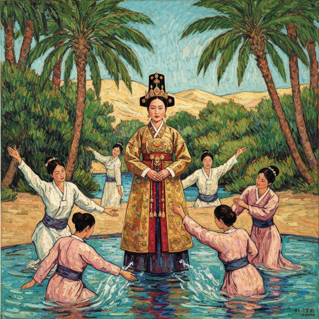 Queen Seoduk in Desert Oasis, Neo-Expressionist Style