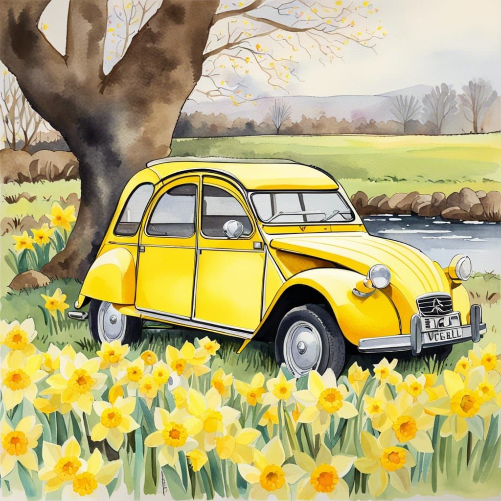 Spring Picnic with Yellow Car: Watercolor Painting
